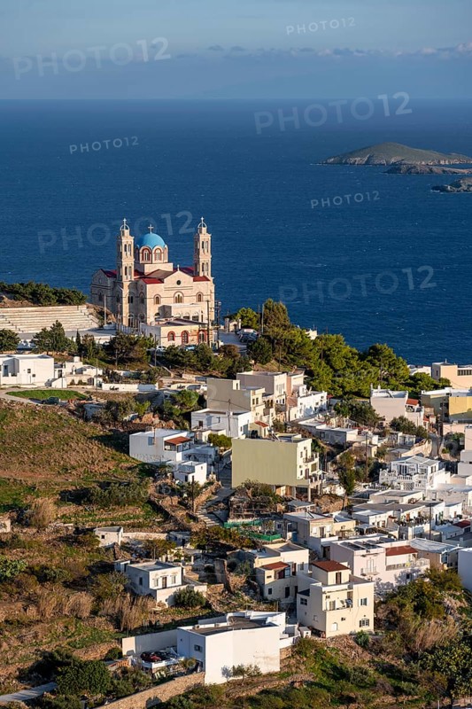 View from Ano Syros to the houses of Ermoupoli with the Anastasi Church or Church of the Resurrection