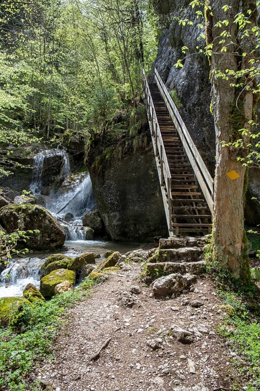 Hiking trail leads over wooden stairs past waterfall