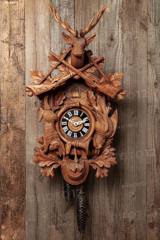 Original Black Forest cuckoo clock in front of rustic wooden wall