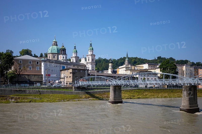 Mozartsteg over the Salzach river with a view of Salzburg's old town