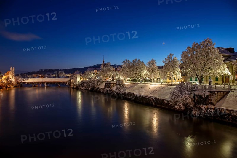 Aare view with wooden bridge in winter