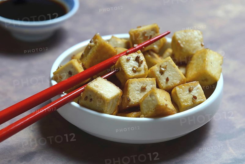 Fried tofu cubes in bowl