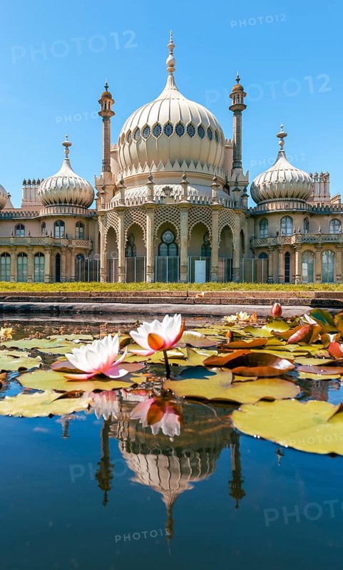 Royal Pavilion palace reflected in a pond with water lilies