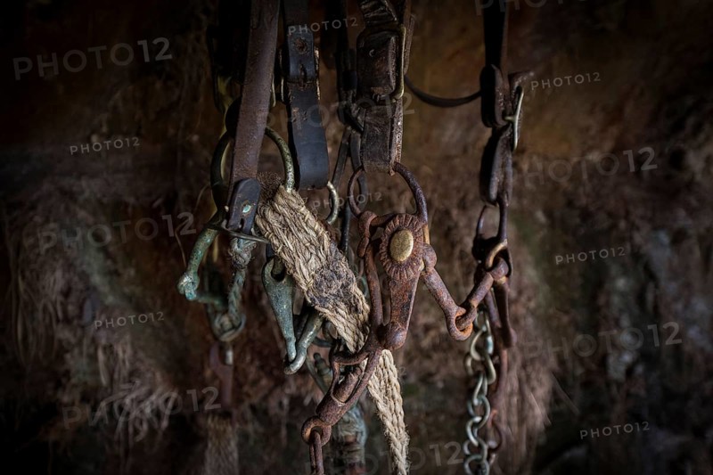 Rusty bridle in horse stable in original peat construction