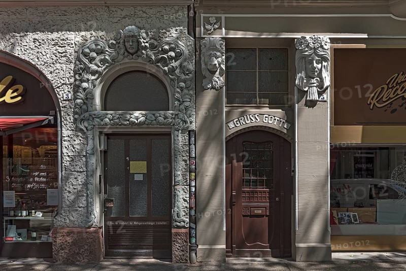 Art Nouveau entrances around 1900 with decorative reliefs