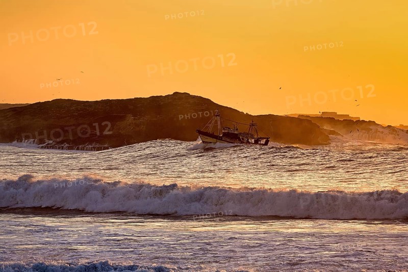 Fishing boat with seagulls in the surf