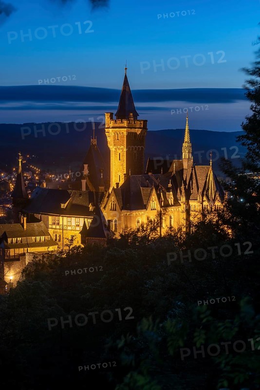 View of the illuminated Wernigerode Castle