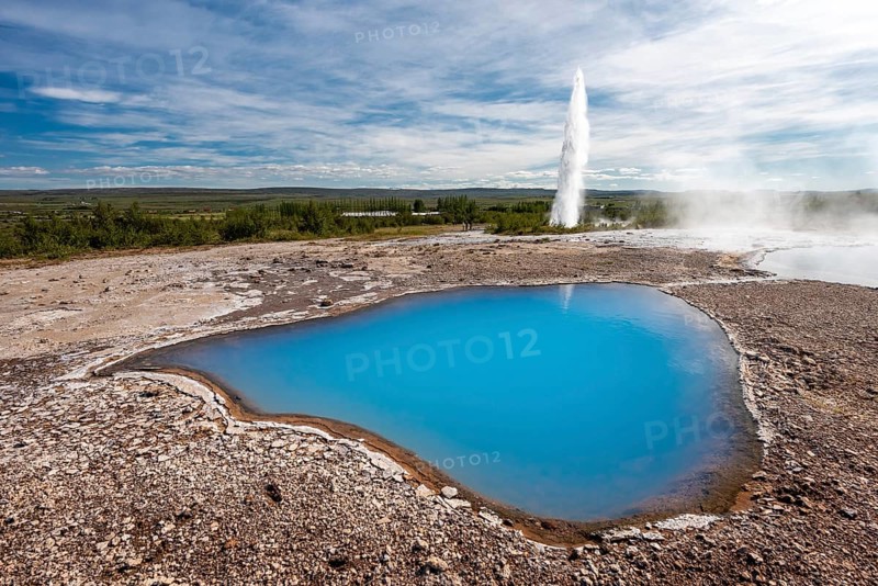 Thermal spring Blesi and eruption Geysir Strokkur