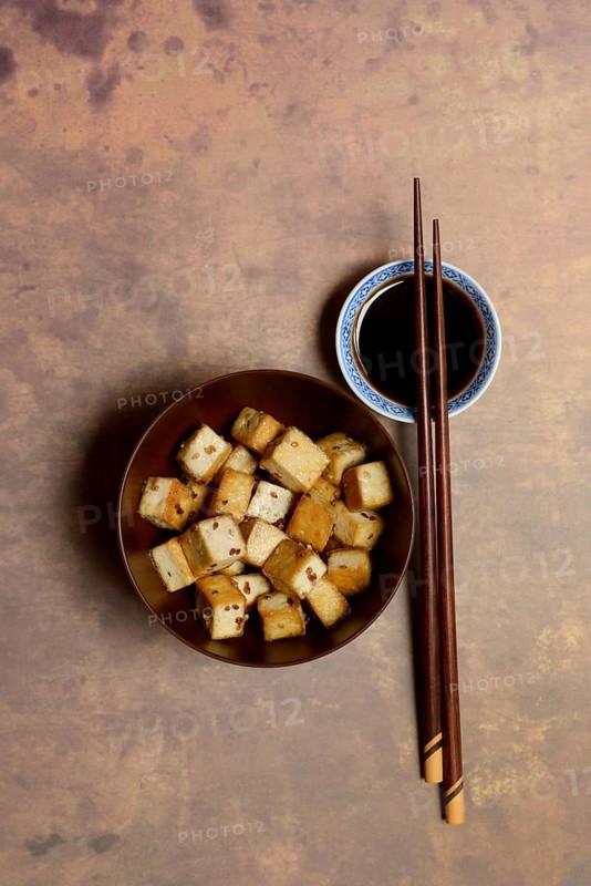 Fried tofu cubes in bowl