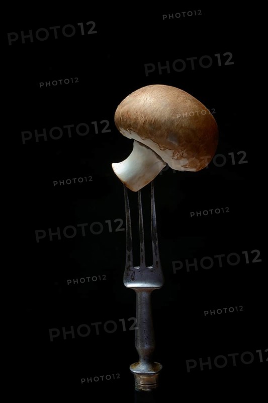 Brown cultivated mushroom on fork