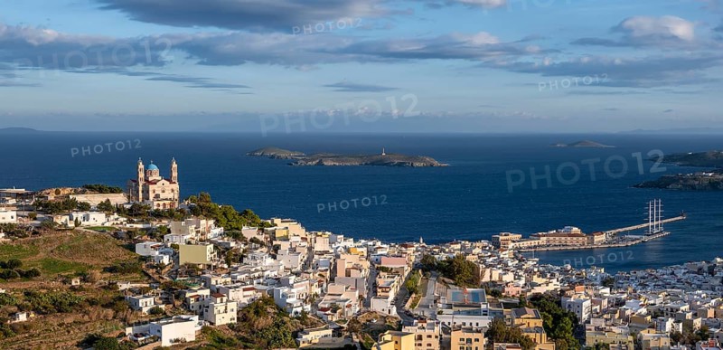 View from Ano Syros to the houses of Ermoupoli with the Anastasi Church or Church of the Resurrection
