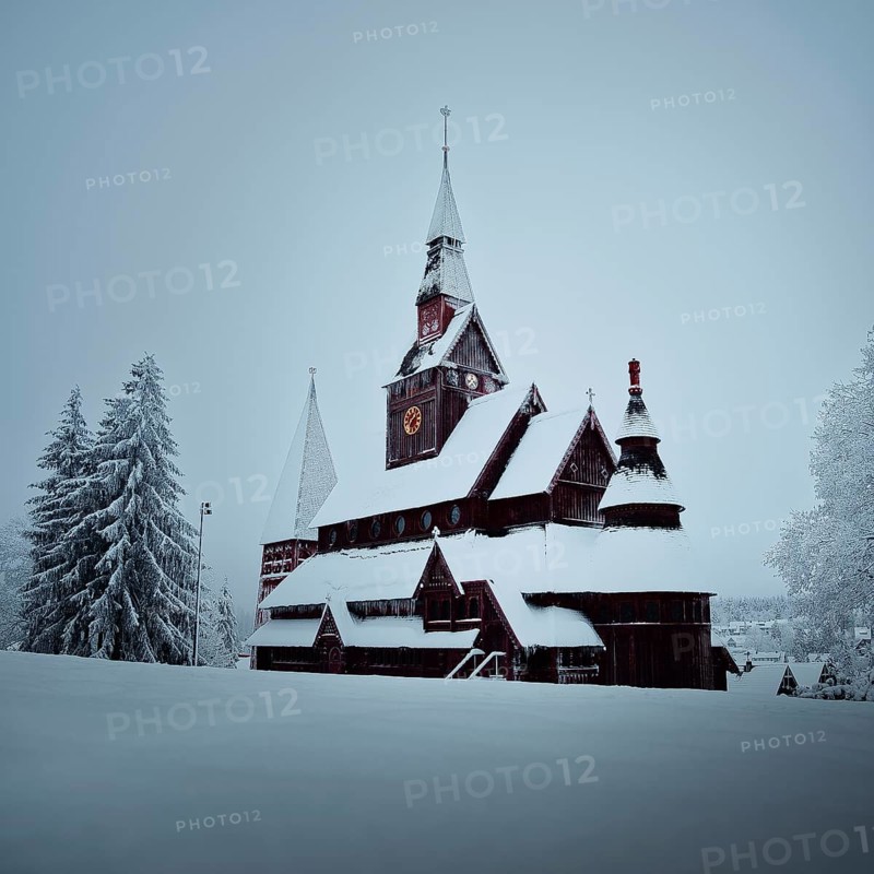 Snow and Stave Church Hahnenklee in winter