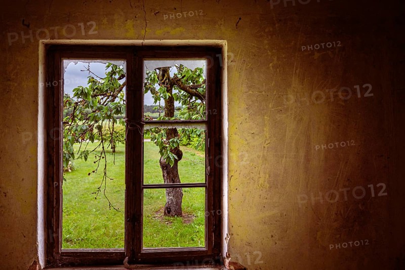 A window with broken glass on the wall