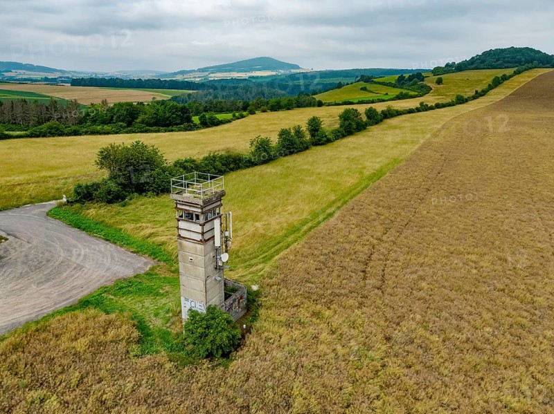 Former GDR watchtower on the border between Thuringia (right) and Hesse (left)
