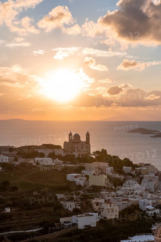 View from Ano Syros to the houses of Ermoupoli with the Anastasi church or Church of the Resurrection