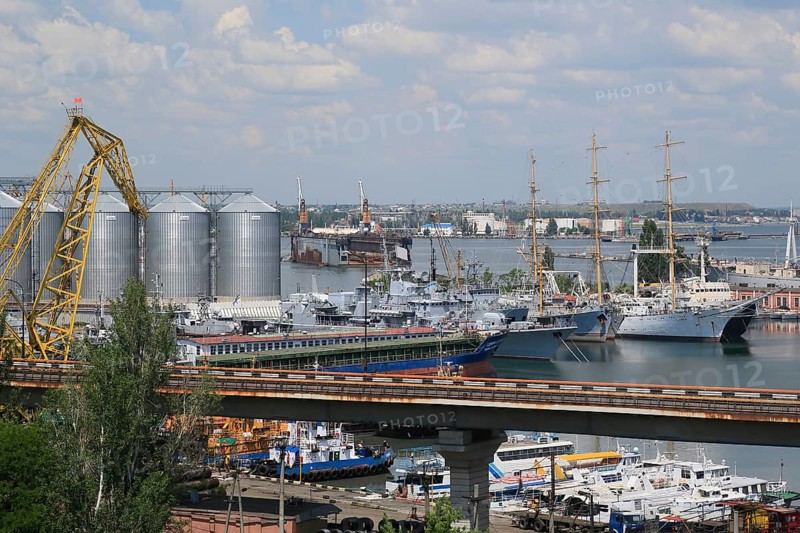 Naval port Odessa with windjammer Druzhba and decommissioned warships of the Black Sea Fleet