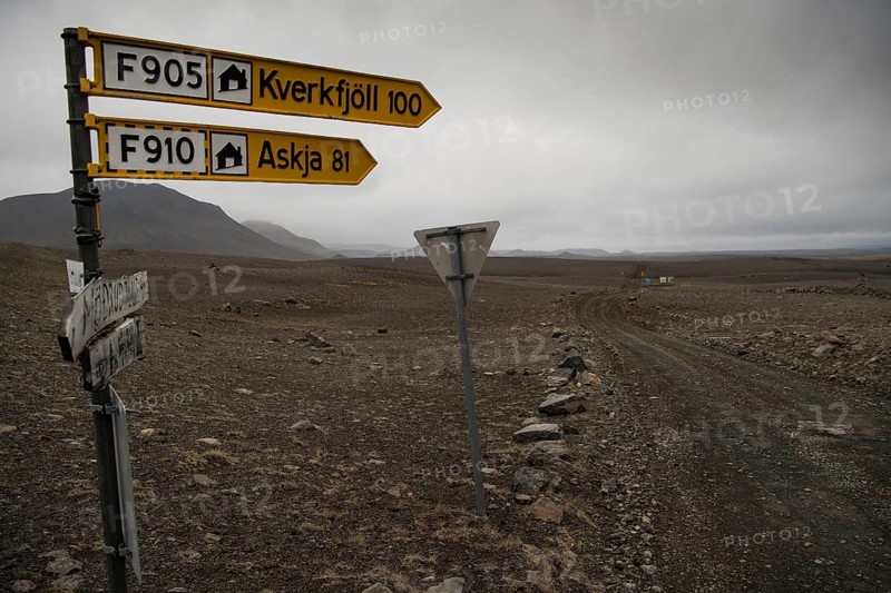 Unpaved highland road signpost Kverkfjoell Askja