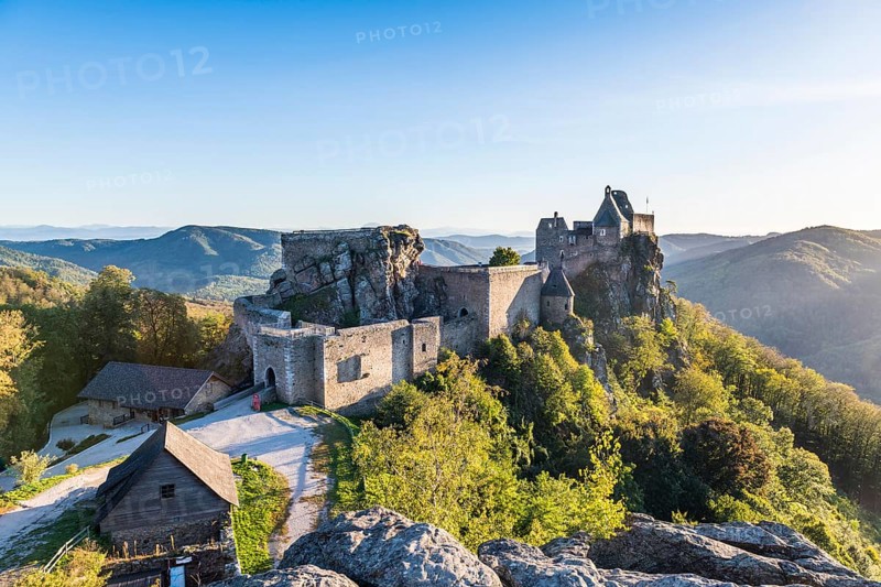 Castle Aggstein overlooking the Danuba in the Wachau at sunset
