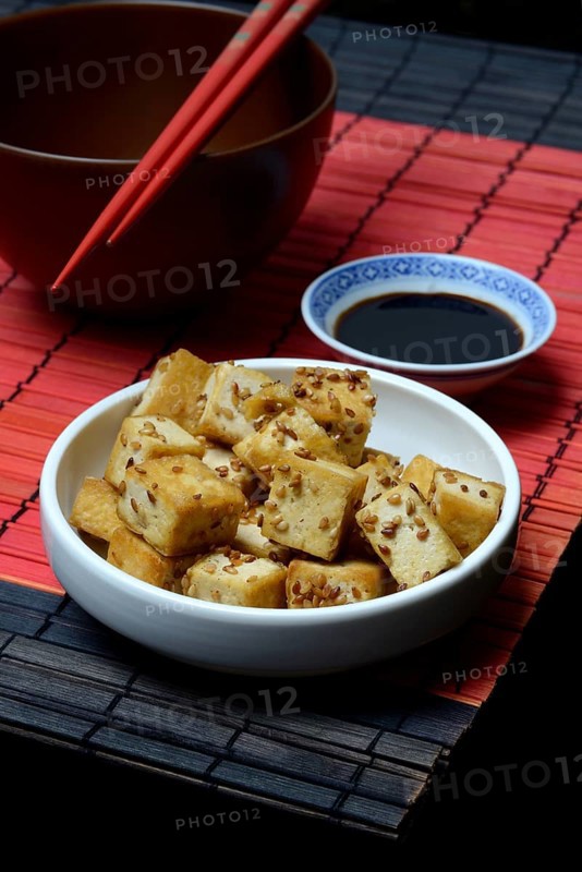 Fried tofu cubes in bowl