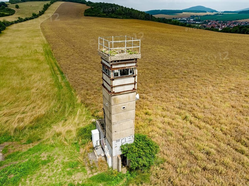 Former GDR watchtower on the border between Thuringia (right) and Hesse (left)