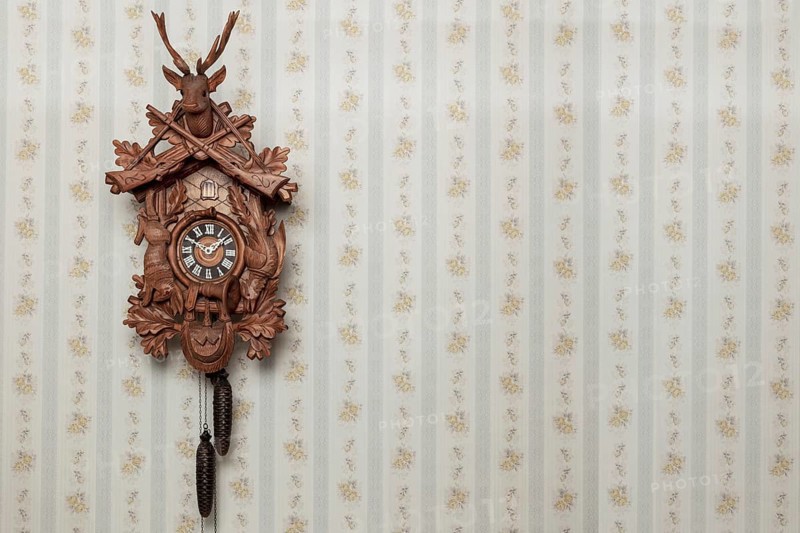 Old black forest cuckoo clock in front of old-fashioned wallpaper wall
