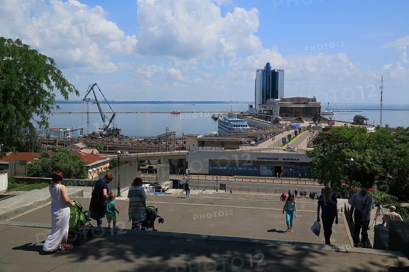 Potemkin stairs and passenger terminal in the port with prams