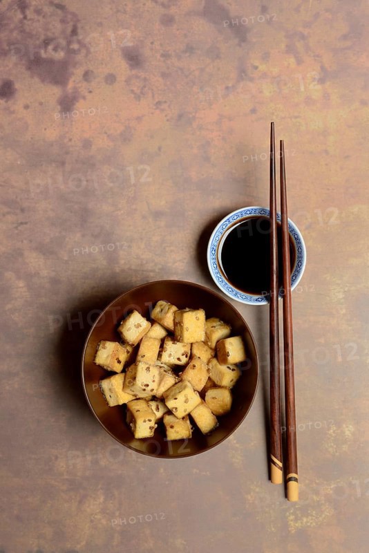 Fried tofu cubes in bowl