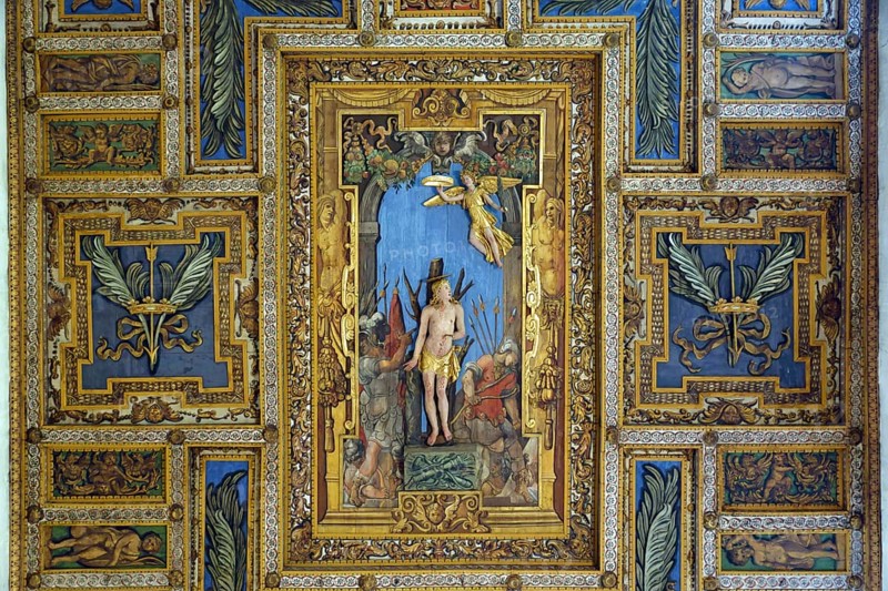 Wooden coffered ceiling of the Basilica of San Sebastiano fuori le mura on the Via Appia Antica