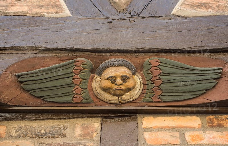 Carved angel figure on the front of the old famous half-timbered house 'Angel house' or 'Hans Raffns house' build 1573 in Ystad