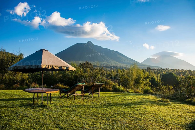 Sun umbrella and loungers in a luxury hotel in the Virunga National Park