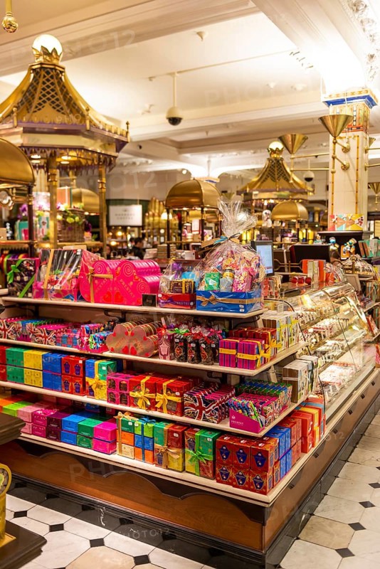 Sweets wrapped as gifts on a department store shelf