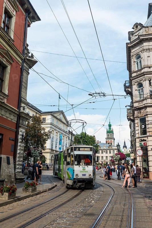 Tram in the center of the Unesco sight the town Lviv