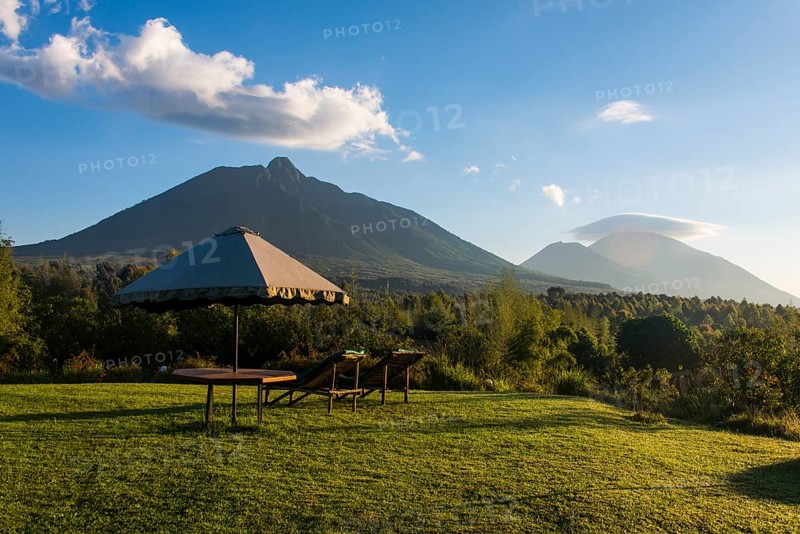 Sun umbrella and loungers in a luxury hotel in the Virunga National Park