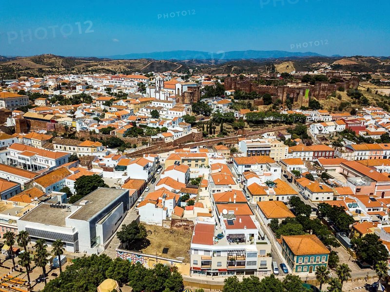 Aerial view of Silves with Moorish castle and historic cathedral