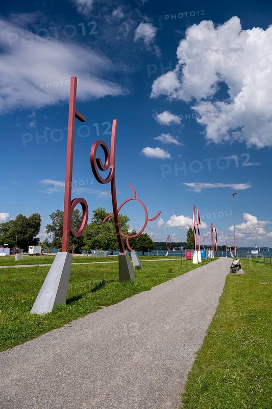 Border strip also called art border with individual sculptures between the German city of Constance and the Swiss city of Kreuzlingen