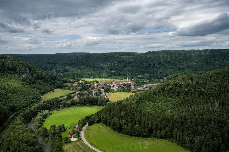 View into the Danube valley of the municipality of Beuron with the archabbey
