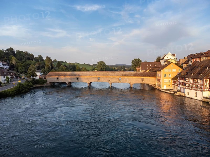 View across the Rhine to Diessenhofen with the historic wooden bridge