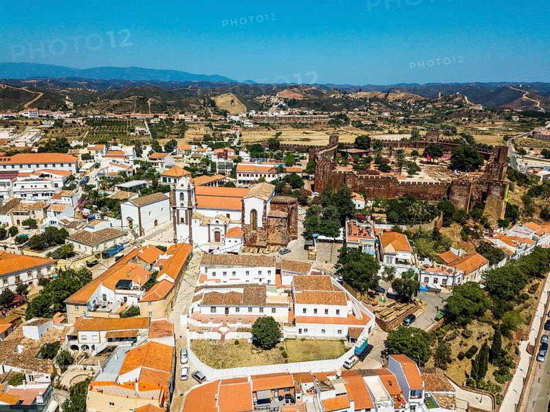 Aerial view of Silves with Moorish castle and historic cathedral