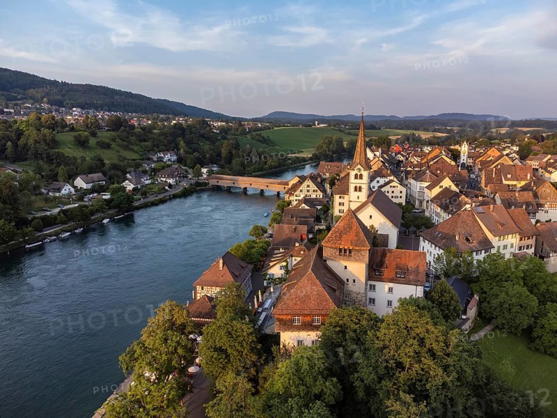 View over the old town of Diessenhofen to the Rhine with the historic wooden bridge