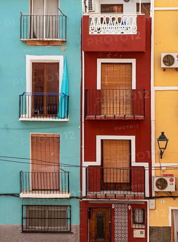 Close-up of colorful windows and balconies of fishermen's houses in Villajoyosa