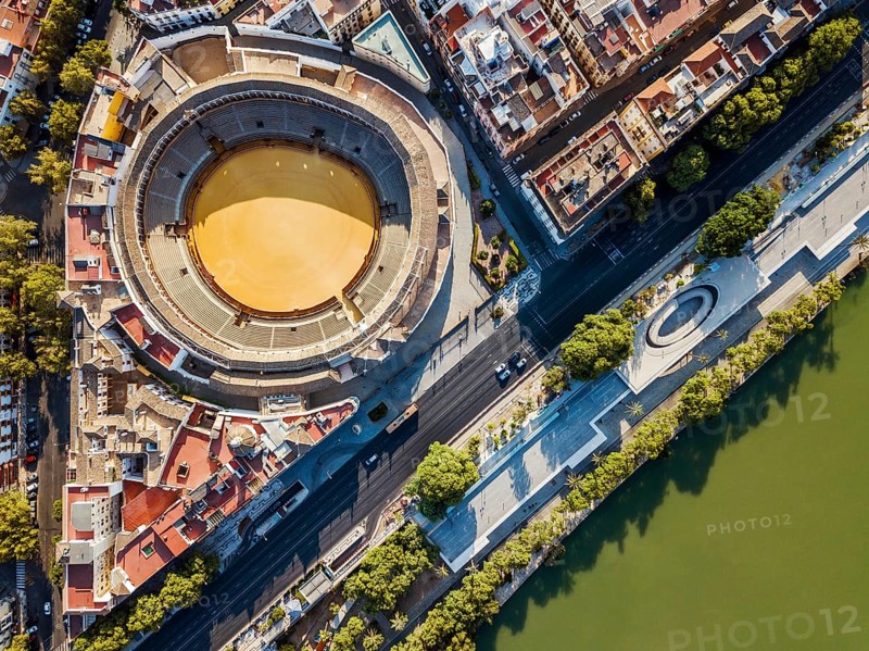 Bullring of the Real Maestranza de Caballeria surrounded by white architecture in Sevilla