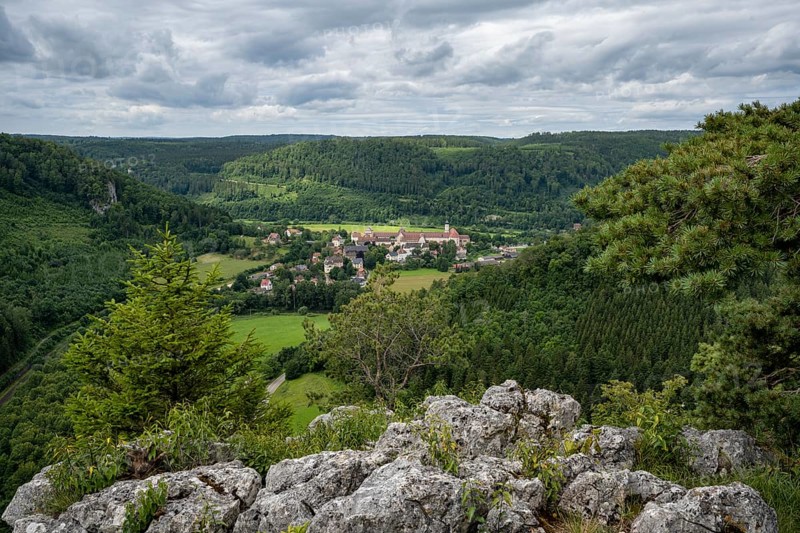 View into the Danube valley of the municipality of Beuron with the archabbey