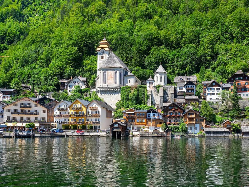 Village view of Hallstatt on Lake Hallstatt with Catholic church