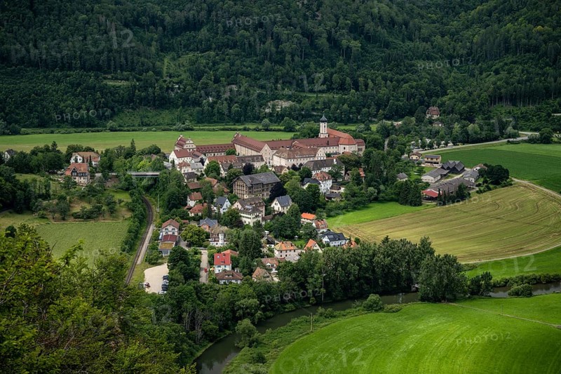View into the Danube valley of the municipality of Beuron with the archabbey