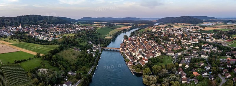 View across the Rhine to Diessenhofen with the historic wooden bridge