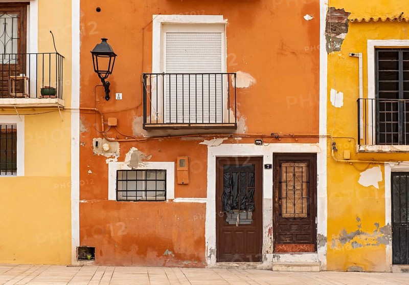 Close-up of colorful windows and doors of fishermen's houses in Villajoyosa