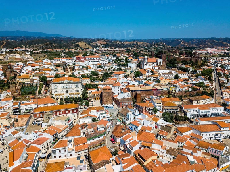 Aerial view of Silves with Moorish castle and historic cathedral