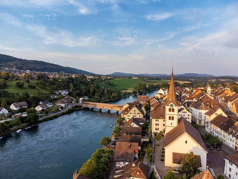 View over the old town of Diessenhofen to the Rhine with the historic wooden bridge