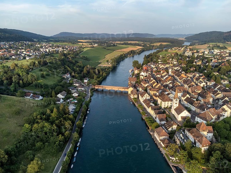 View across the Rhine to Diessenhofen with the historic wooden bridge