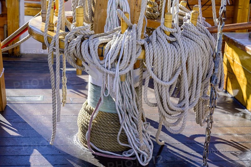 Rope on old sailing ship in the harbour of